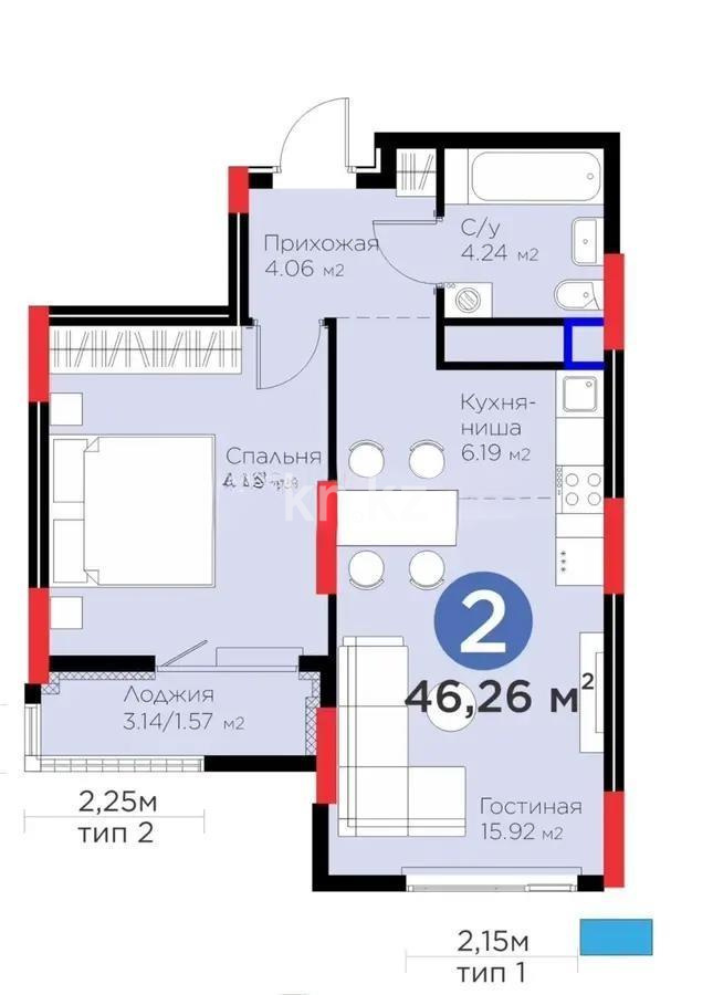 Продажа 2-комнатной квартиры, 46.26 м², ул. Рыскулова, дом  18/7 в Астане