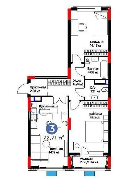 Продажа 3-комнатной квартиры, 68.54 м², ул. Е-117, дом  55 в Астане