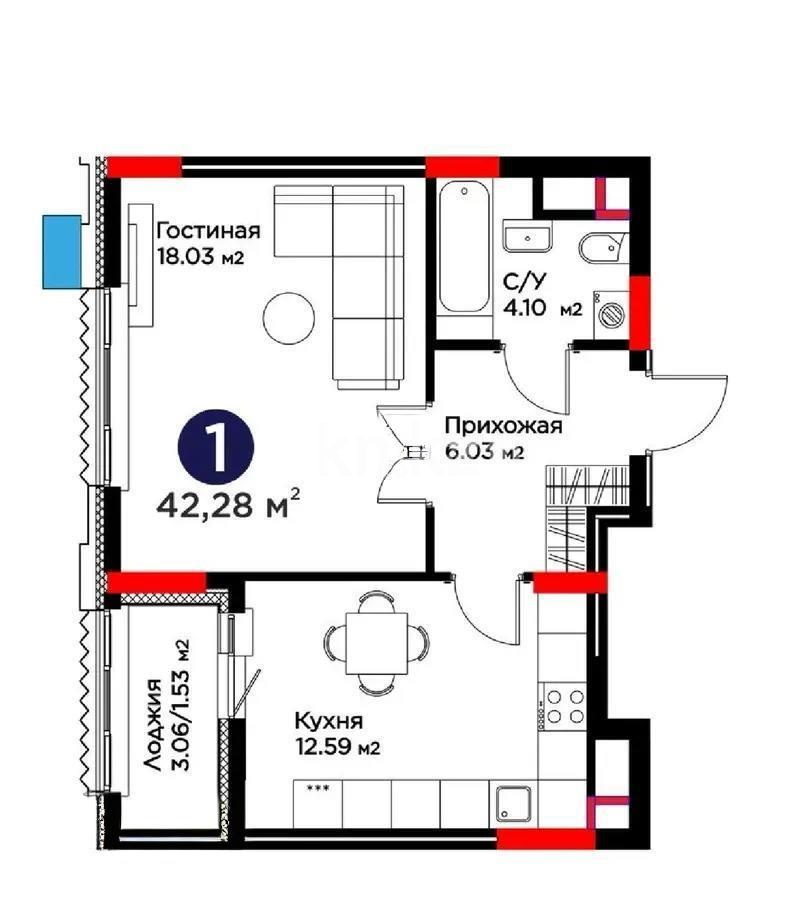 Продажа 1-комнатной квартиры, 42.28 м² в Астане