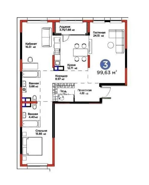 Продажа 3-комнатной квартиры, 99.63 м² в Алматы