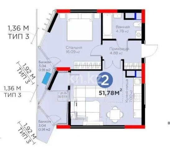 Продажа 1-комнатной квартиры, 51.78 м² в Астане