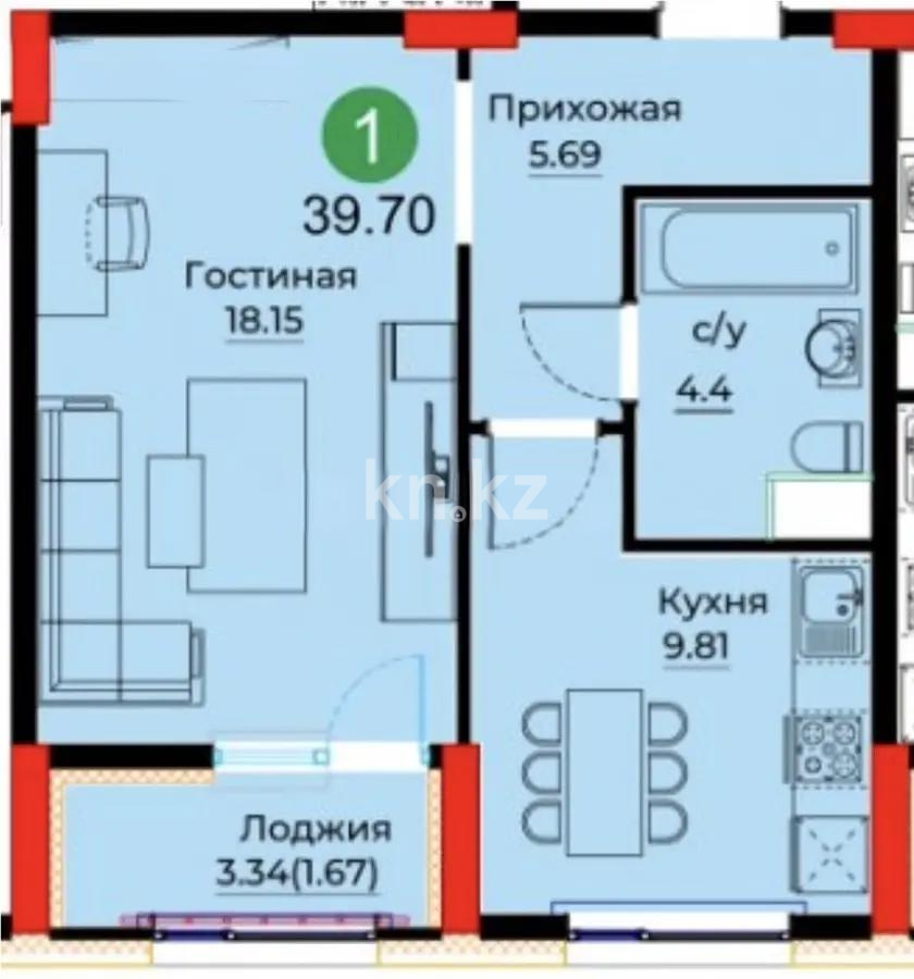 Продажа 1-комнатной квартиры, 39.7 м², ул. Е-429, дом  26 в Астане