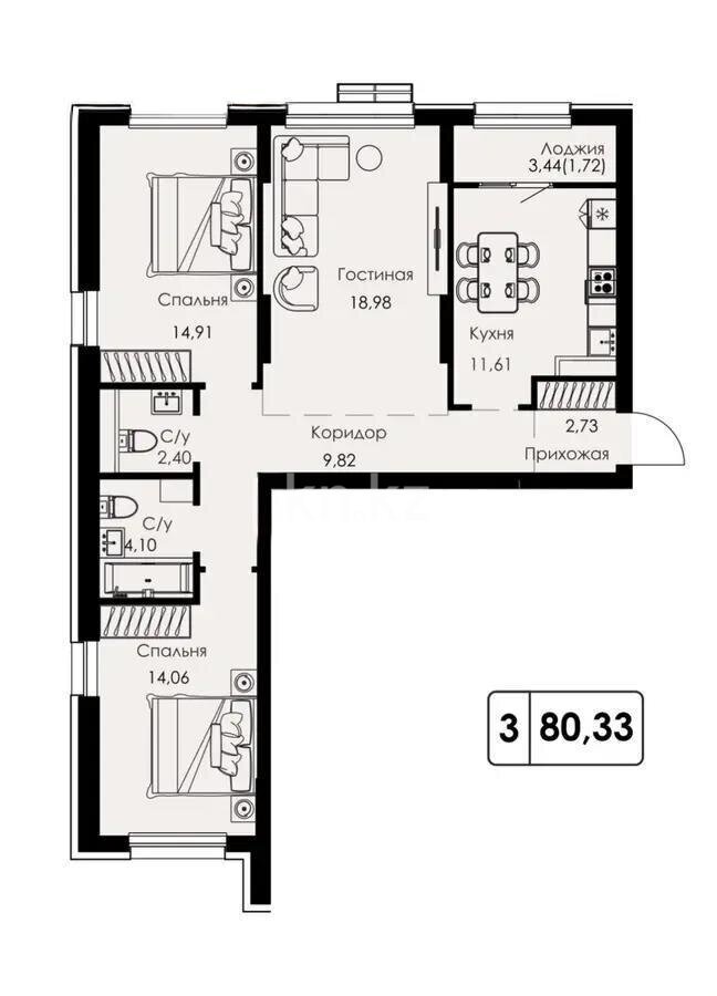 Продажа 3-комнатной квартиры, 80.33 м² в Алматы