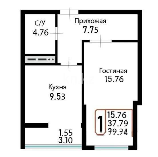 Продажа 1-комнатной квартиры, 39.34 м² в Астане