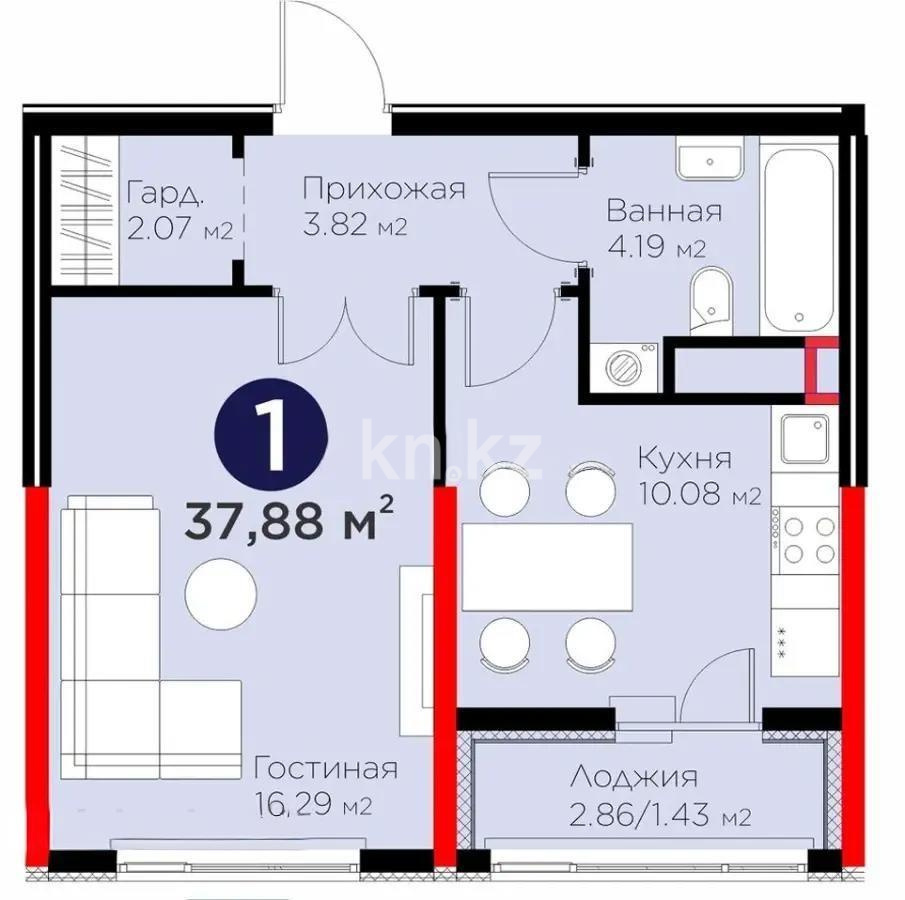 Продажа 1-комнатной квартиры, 37.88 м² в Астане