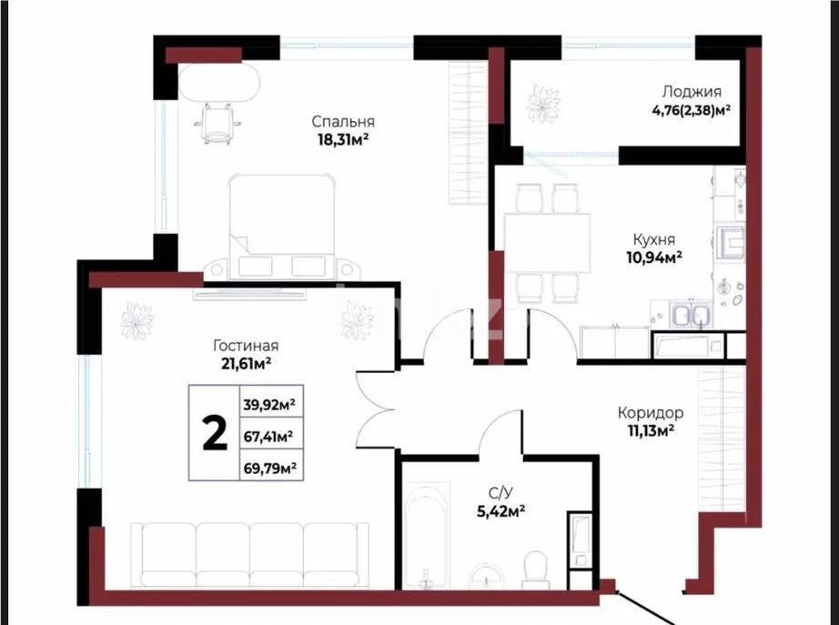 Продажа 2-комнатной квартиры, 69.79 м² в Астане