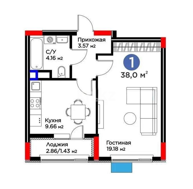 Продажа 1-комнатной квартиры, 38 м² в Астане