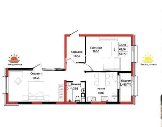 Продажа 2-комнатной квартиры, 65.77 м² в Астане