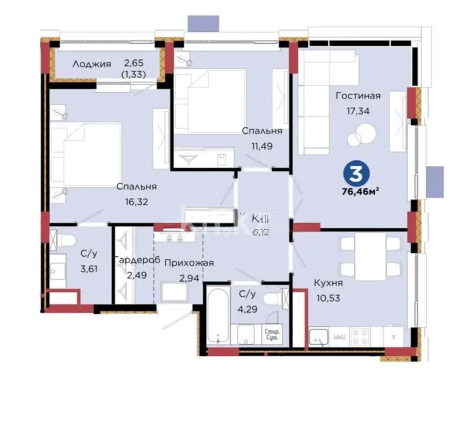 Продажа 3-комнатной квартиры, 76.46 м² в Астане