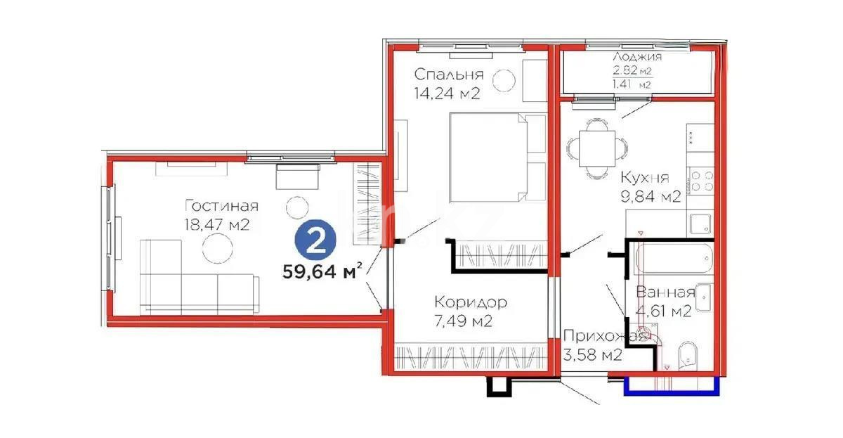 Продажа 2-комнатной квартиры, 59.64 м² в Астане