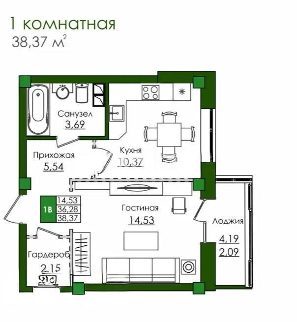 Продажа 1-комнатной квартиры, 38.1 м² в Астане