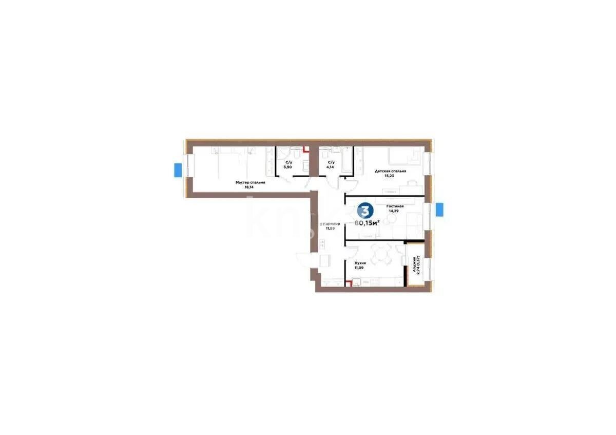 Продажа 3-комнатной квартиры, 80.13 м² в Астане
