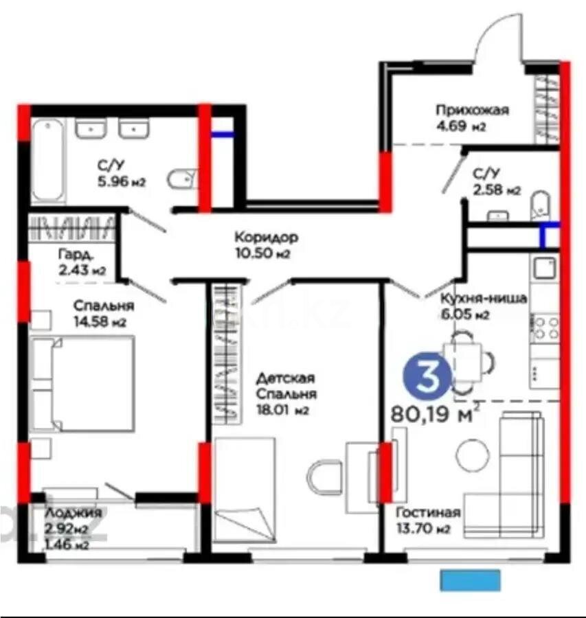 Продажа 3-комнатной квартиры, 80.19 м² в Астане - фото 5