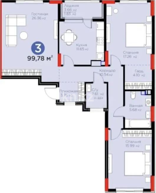 Продажа 3-комнатной квартиры, 99.78 м², ул. Рыскулова, дом  16/2 в Астане