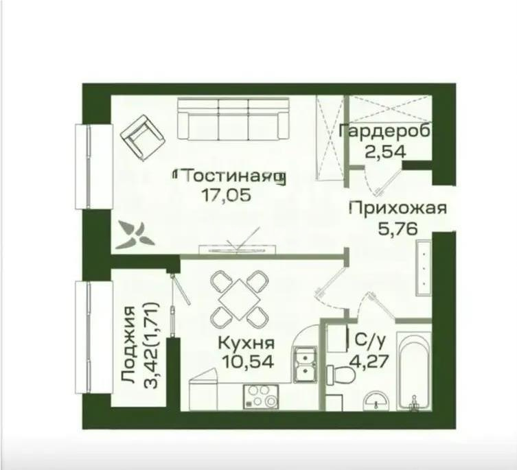 Продажа 1-комнатной квартиры, 41.87 м² в Астане