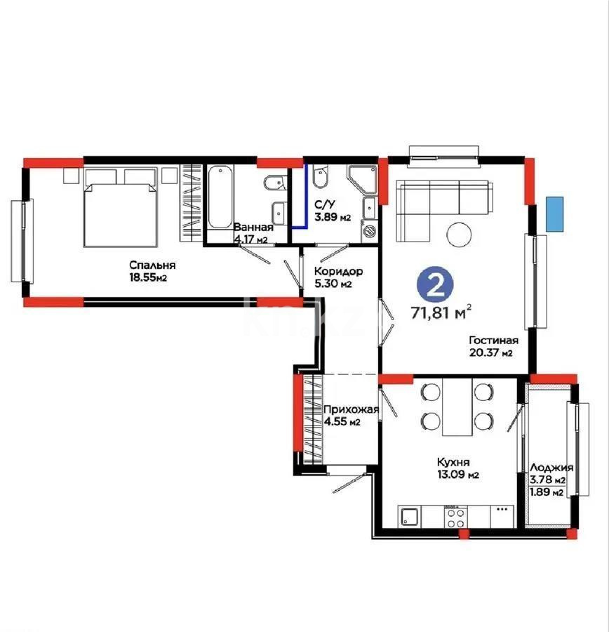Продажа 2-комнатной квартиры, 71.81 м² в Астане