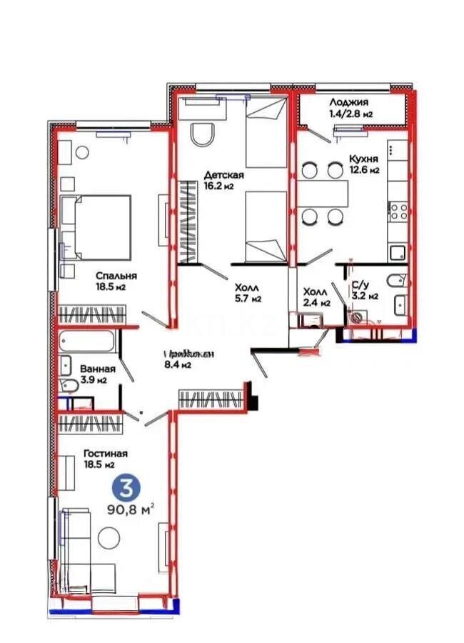 Продажа 3-комнатной квартиры, 90.8 м² в Астане