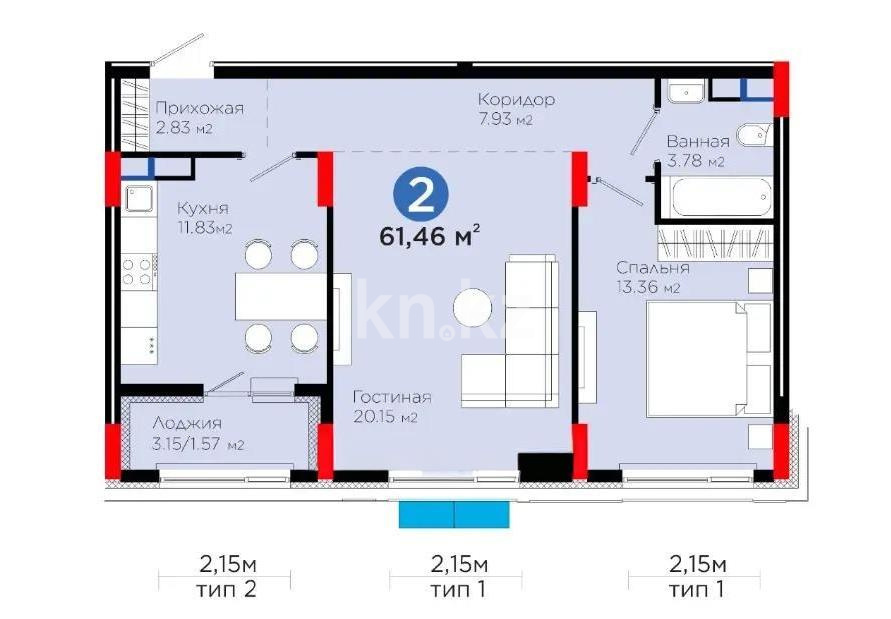 Продажа 2-комнатной квартиры, 61.6 м² в Астане - фото 2
