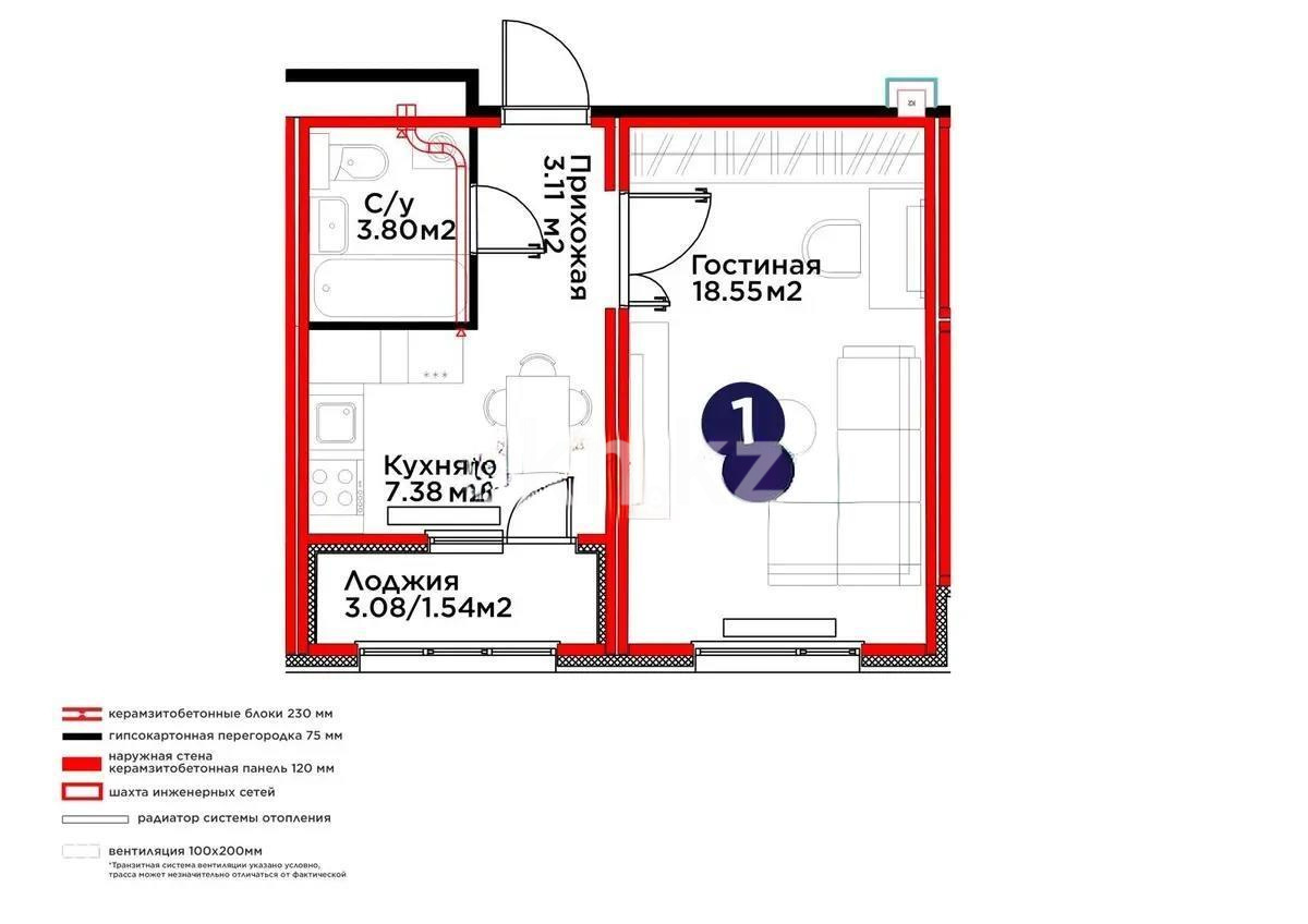 Продажа 1-комнатной квартиры, 34.38 м² в Астане