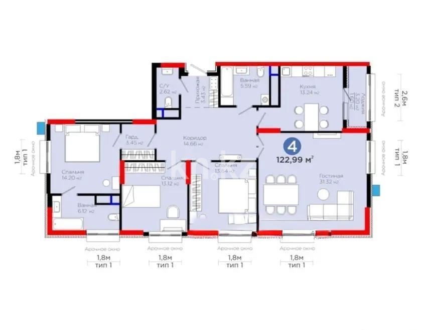 Продажа 4-комнатной квартиры, 123 м², ул. Рыскулова, дом  1/1 в Астане