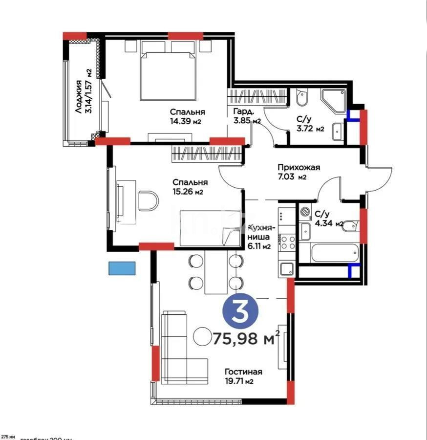 Продажа 3-комнатной квартиры, 75.45 м² в Астане