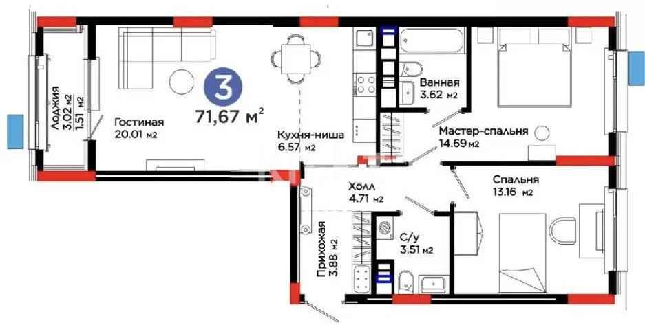Продажа 3-комнатной квартиры, 71.67 м² в Астане - фото 7