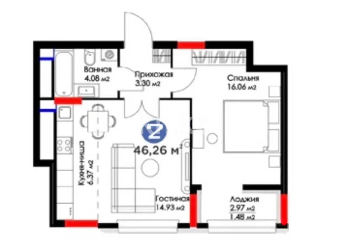 Продажа 2-комнатной квартиры, 46.26 м², ул. Рыскулова, дом  16/2 в Астане - фото 2