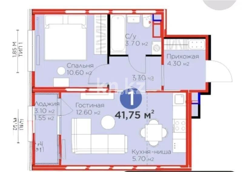 Продажа 2-комнатной квартиры, 41.75 м² в Астане