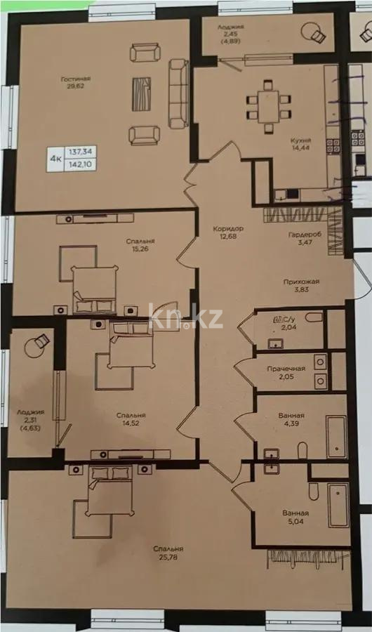 Продажа 4-комнатной квартиры, 142.1 м², пр. Кошкарбаева, дом  1 стр в Астане