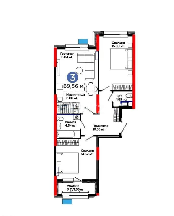 Продажа 3-комнатной квартиры, 69.56 м² в Астане