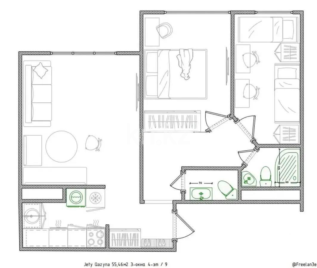 Продажа 2-комнатной квартиры, 55.4 м², ул. Сыбызгы, дом  100 стр в Алматы