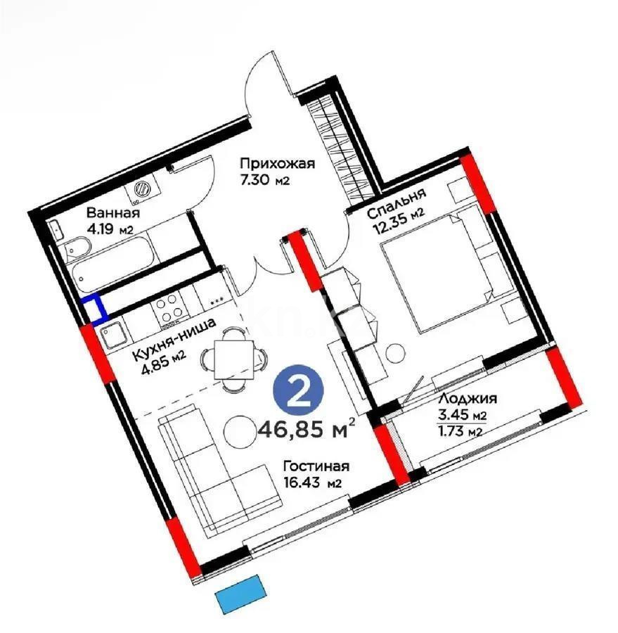 Продажа 2-комнатной квартиры, 46.85 м² в Астане