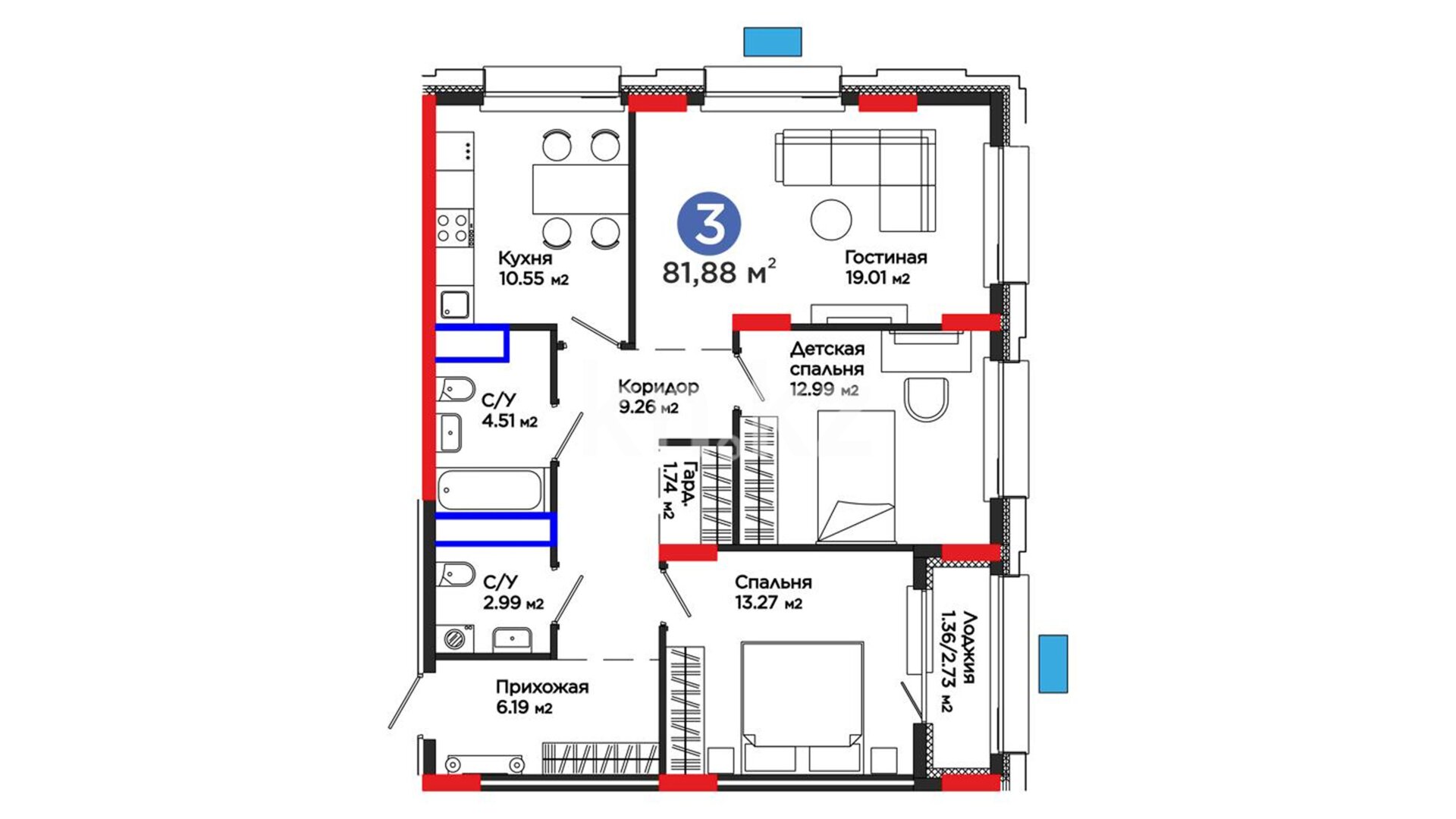 ЖК OİU, 3-комнатная, цена 39 114 076 ₸, 477 700 ₸&nbsp;/&nbsp;м²