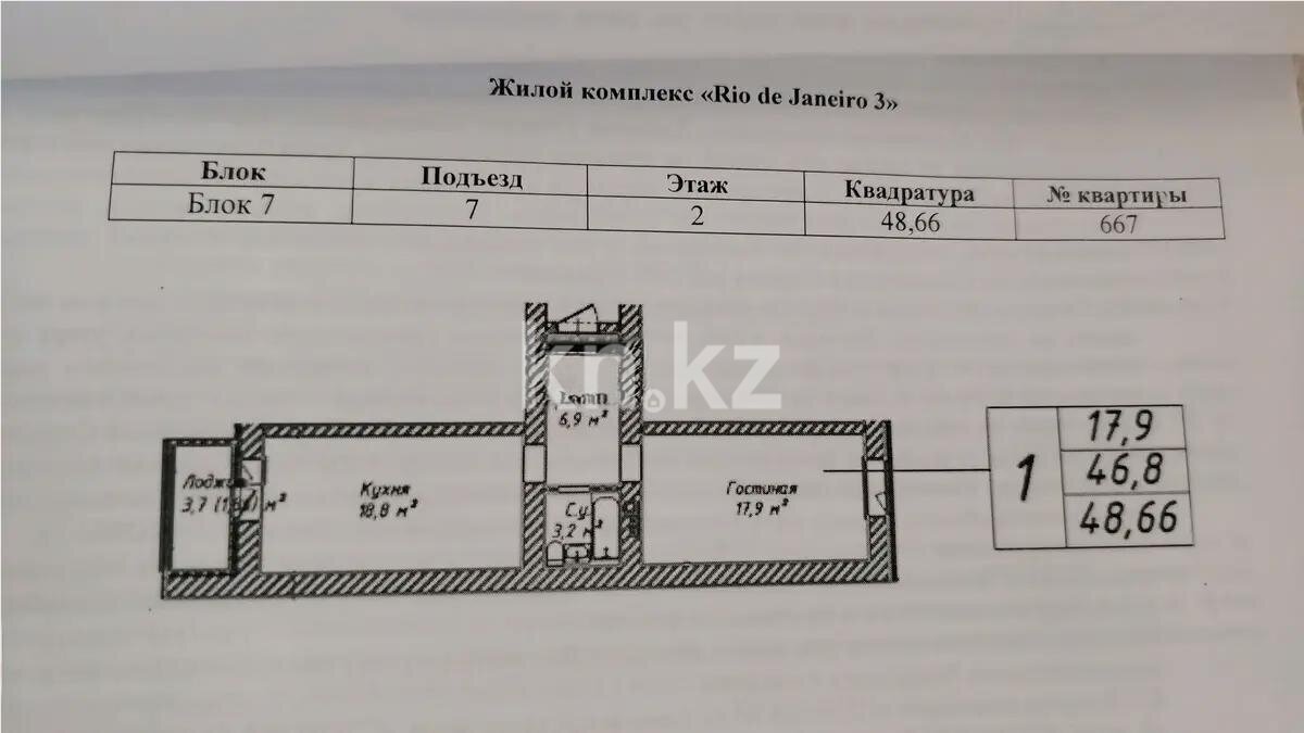 Продажа 1-комнатной квартиры, 48.66 м² в Астане