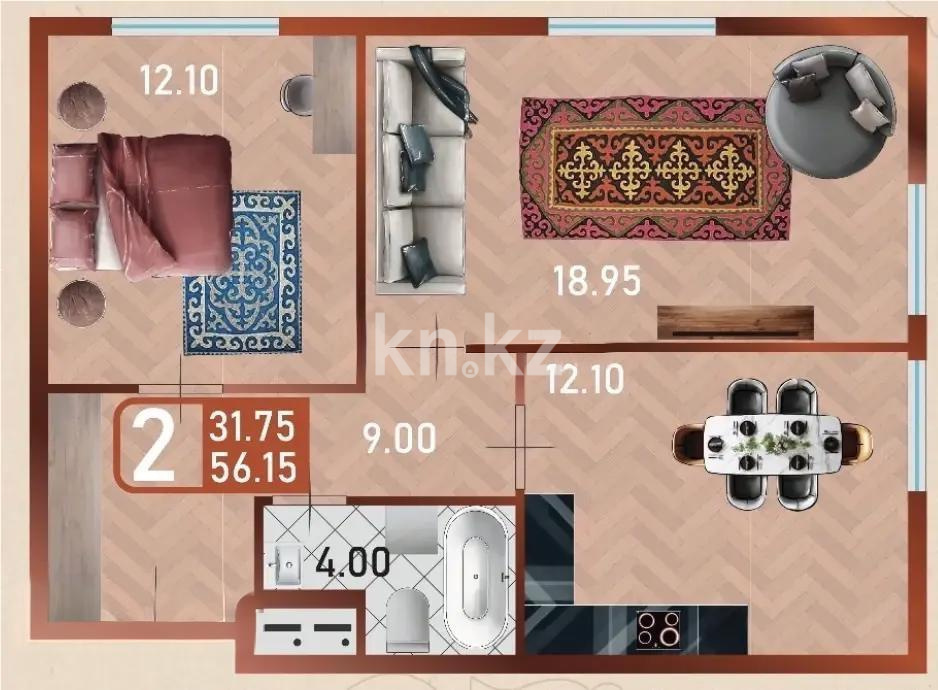 Продажа 2-комнатной квартиры, 56.16 м² в Астане