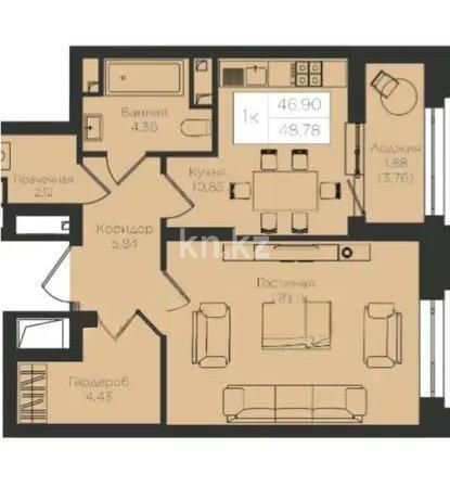 Продажа 1-комнатной квартиры, 47 м², пр. Кошкарбаева, дом  1 стр в Астане