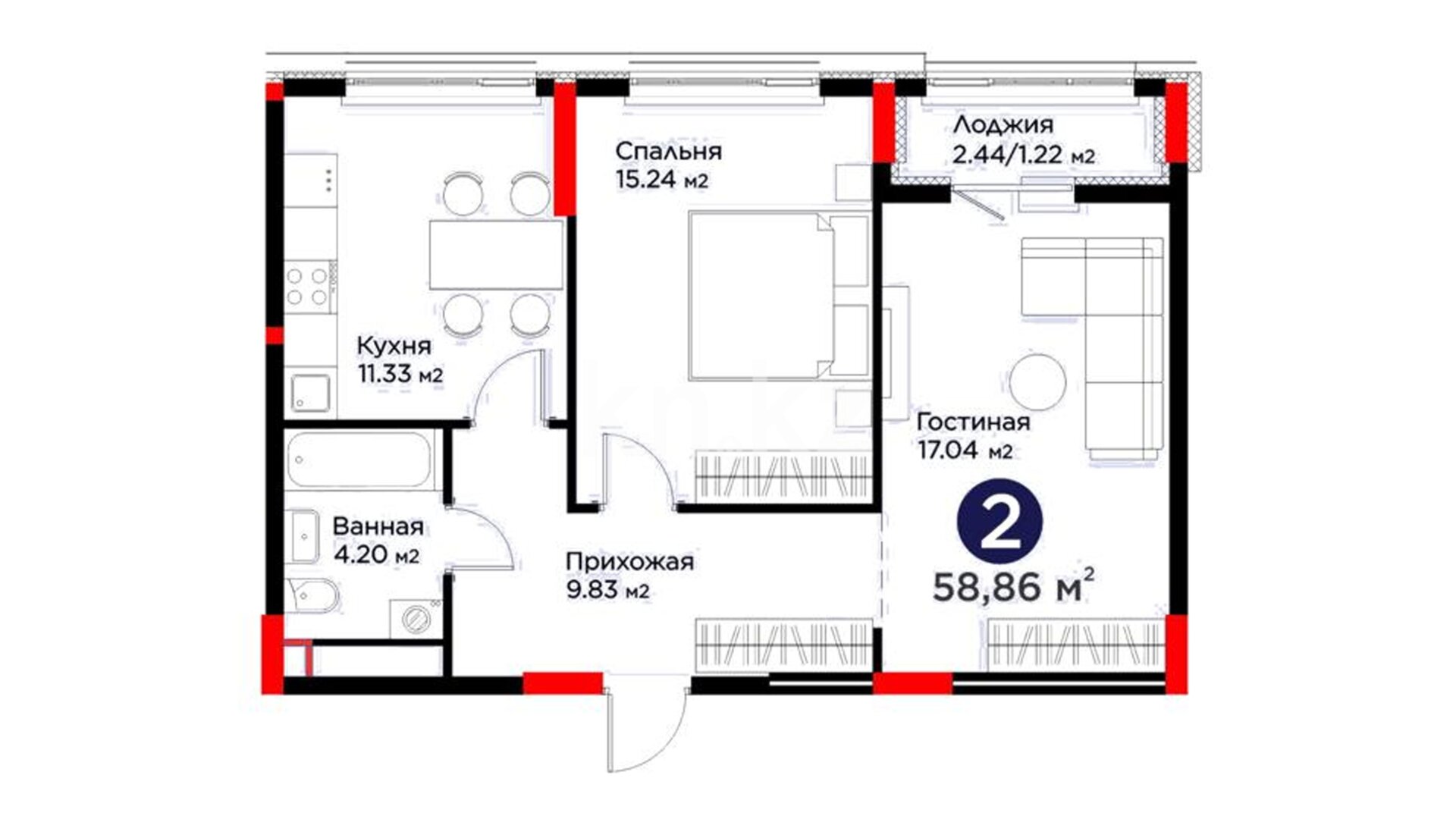 ЖК Family Nest A, 2-комнатная, цена 33 532 542 ₸, 569 700 ₸&nbsp;/&nbsp;м²