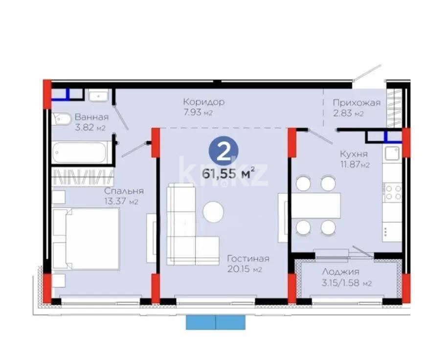 Продажа 2-комнатной квартиры, 61.55 м² в Астане