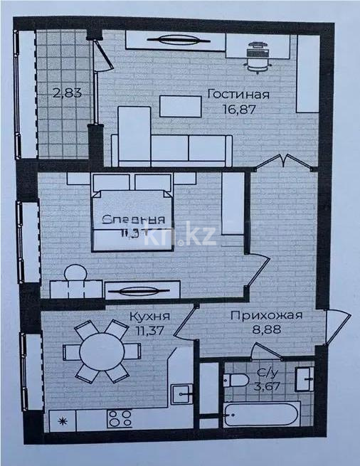 Продажа 2-комнатной квартиры, 56.85 м² в Астане