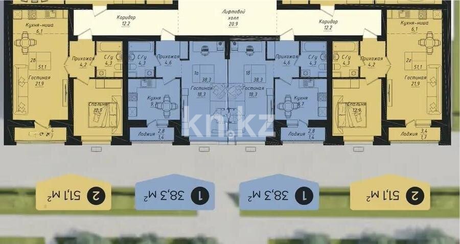 Продажа 2-комнатной квартиры, 51.1 м² в Астане