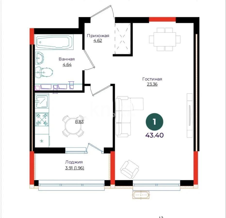 Продажа 1-комнатной квартиры, 43.4 м² в Астане