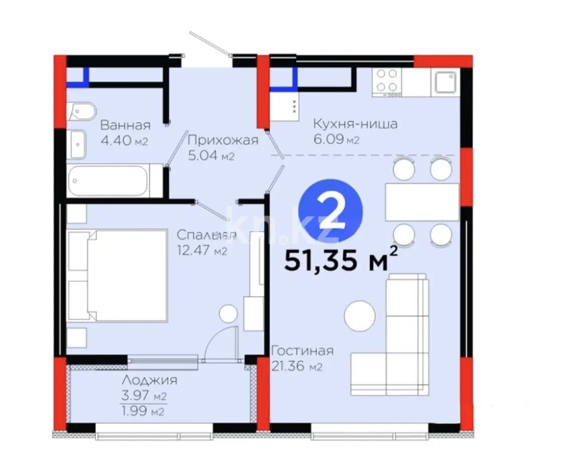 Продажа 2-комнатной квартиры, 51.35 м² в Астане
