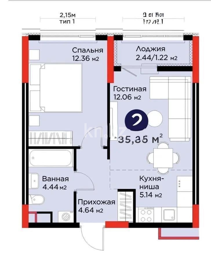 Продажа 2-комнатной квартиры, 40 м² в Астане
