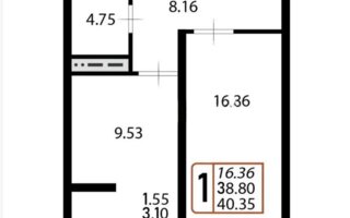 Продажа 1-комнатной квартиры, 40.35 м²
