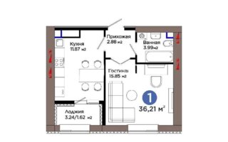 Продажа 1-комнатной квартиры, 36.21 м²