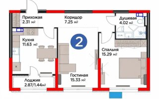 Продажа 2-комнатной квартиры, 57.27 м²