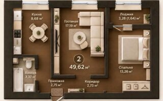 Продажа 2-комнатной квартиры, 49.62 м²