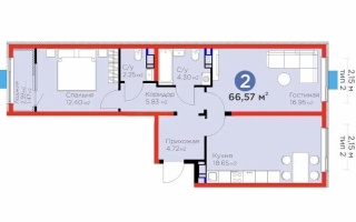Продажа 2-комнатной квартиры, 66.57 м²