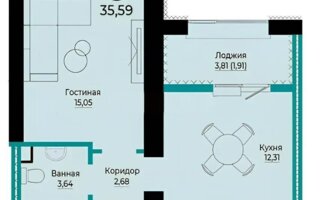Продажа 1-комнатной квартиры, 35.59 м²