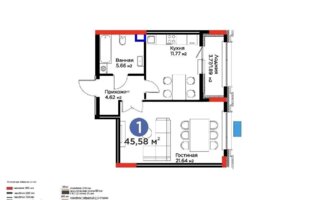 Продажа 1-комнатной квартиры, 45.58 м²
